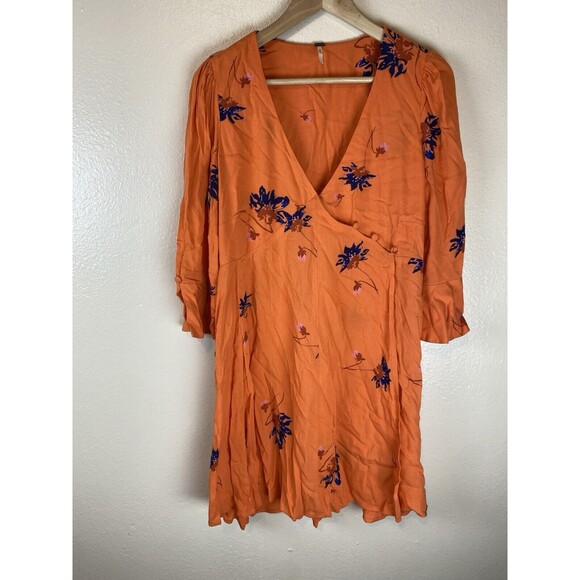Free People S Mini Dress Surplice Wrap Floral Boho Hippie Peasant Orange Bell - Picture 4 of 8
